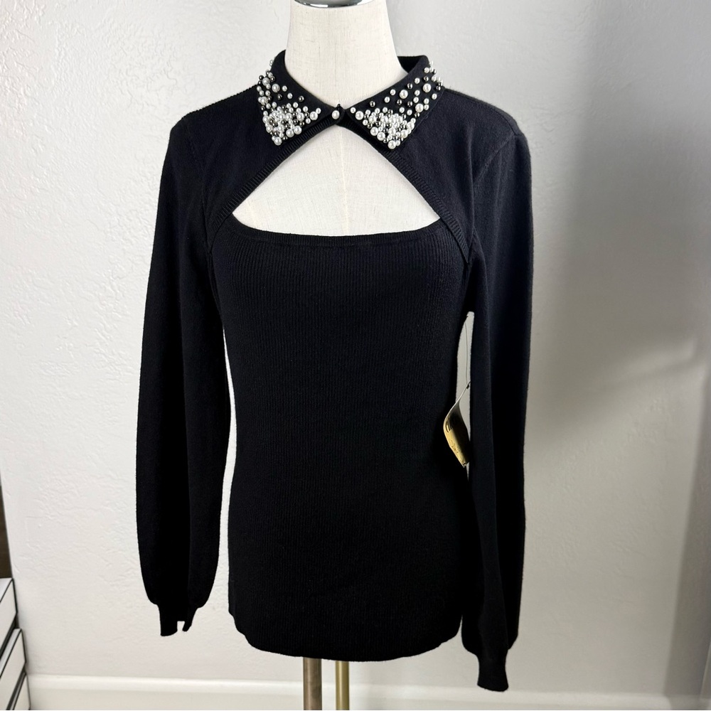 NWT Belldini Black Pearl Embellished Cutout Sweater/Large‎